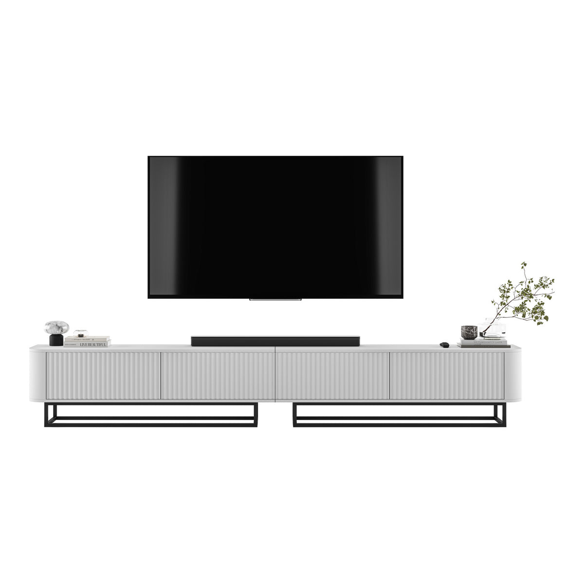 Aurora Rouded Corners Flutted TV Unit 280cm Glamour Style with Frame Stand - White / Black Frame