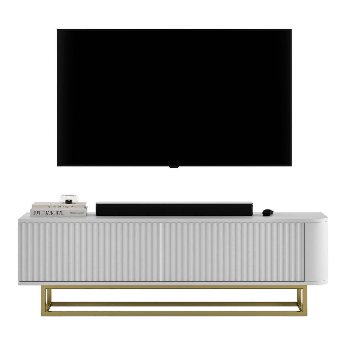 Aurora Rounded Corner Fluted TV Unit 140cm Glamour Style with Frame Stand - White / Gold