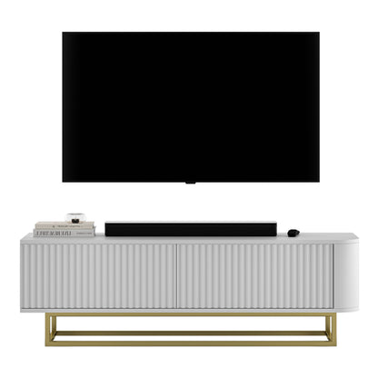 Aurora Rounded Corner Fluted TV Unit 140cm Glamour Style with Frame Stand - White / Gold