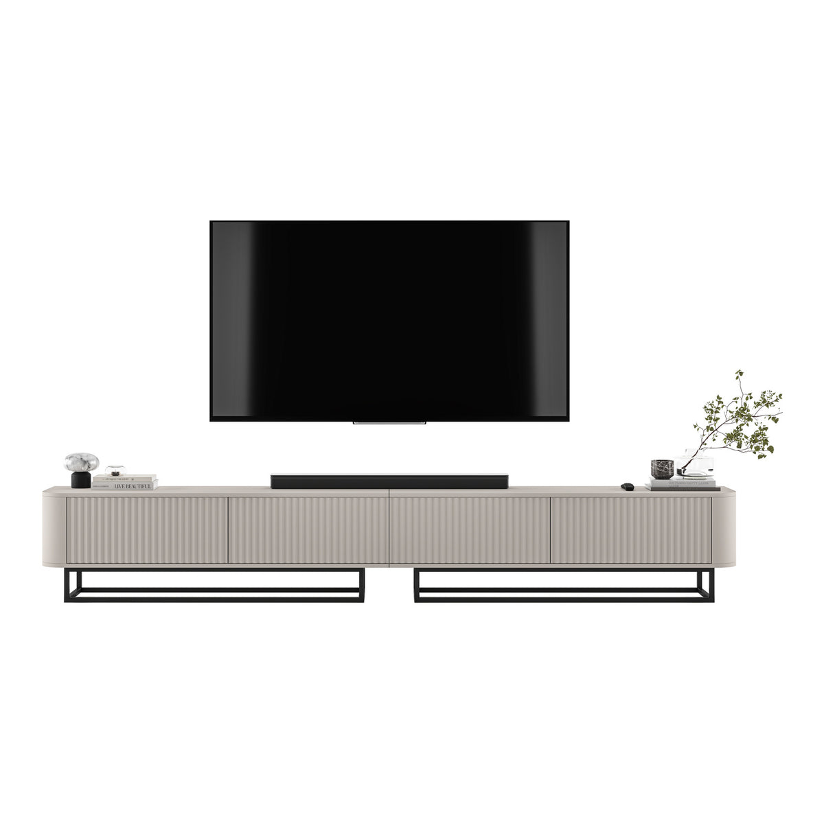 Aurora Rouded Corners Flutted TV Unit 280cm Glamour Style with Frame Stand - Cashmere / Black Frame