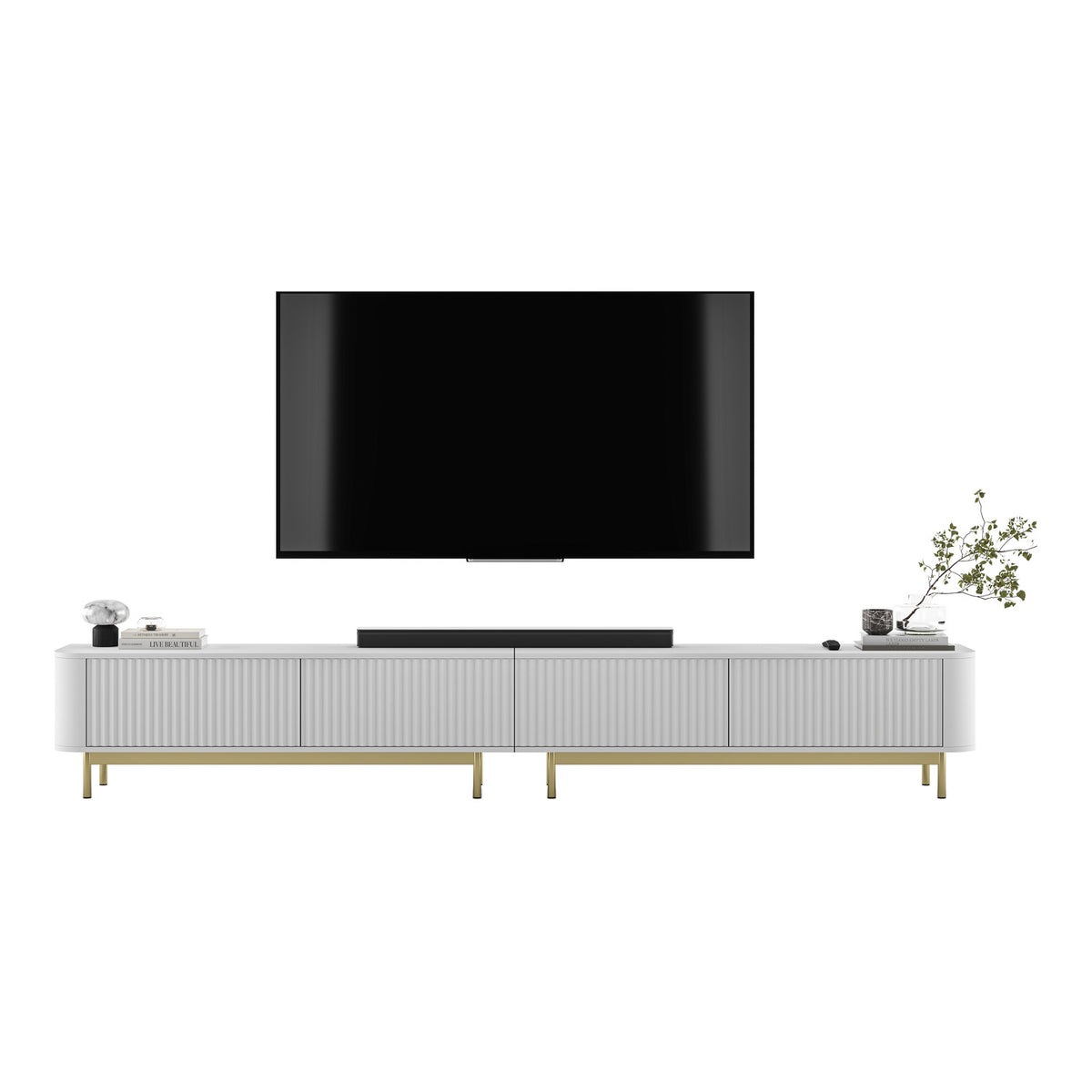 Aurora Rouded Corners Flutted TV Unit 280cm Glamour Style with Frame Legs - White / Gold Frame
