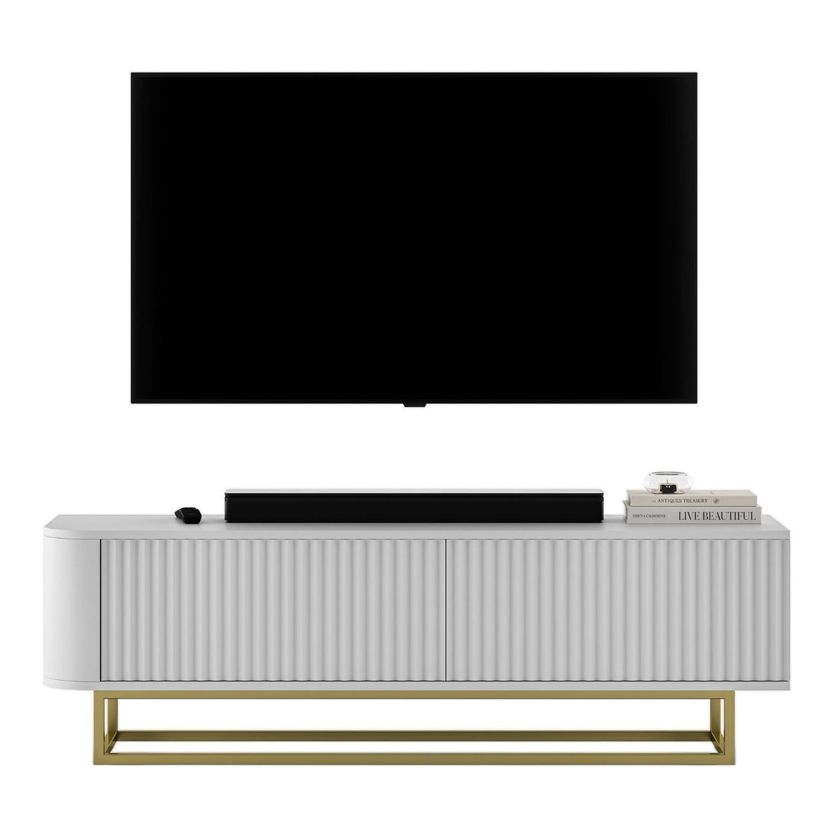 Aurora Rounded Corner Fluted TV Unit 140cm Glamour Style with Frame Stand - White / Gold