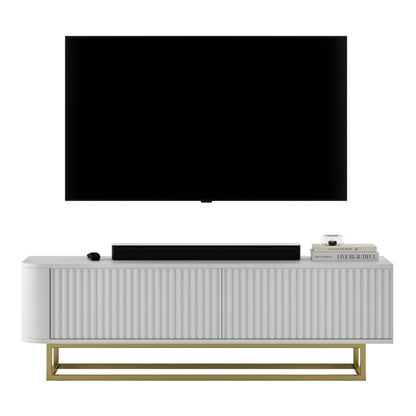 Aurora Rounded Corner Fluted TV Unit 140cm Glamour Style with Frame Stand - White / Gold