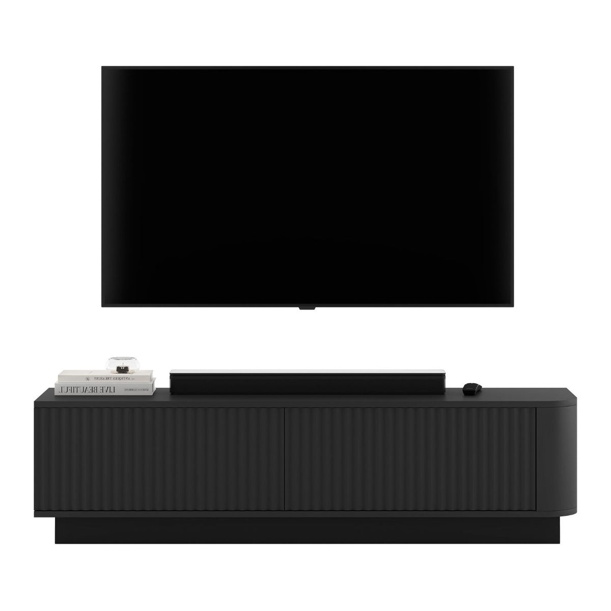 Aurora Rounded Corner Flutted TV Unit 140cm Glamour Style with Plinth Stand - Black