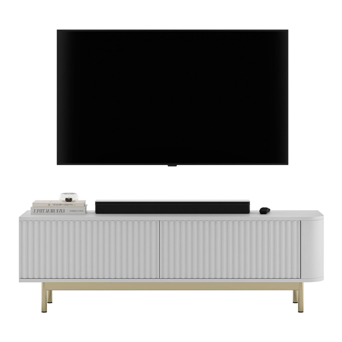 Aurora Rounded Corner Flutted TV Unit 140cm Glamour Style with Frame Legs - White / Gold