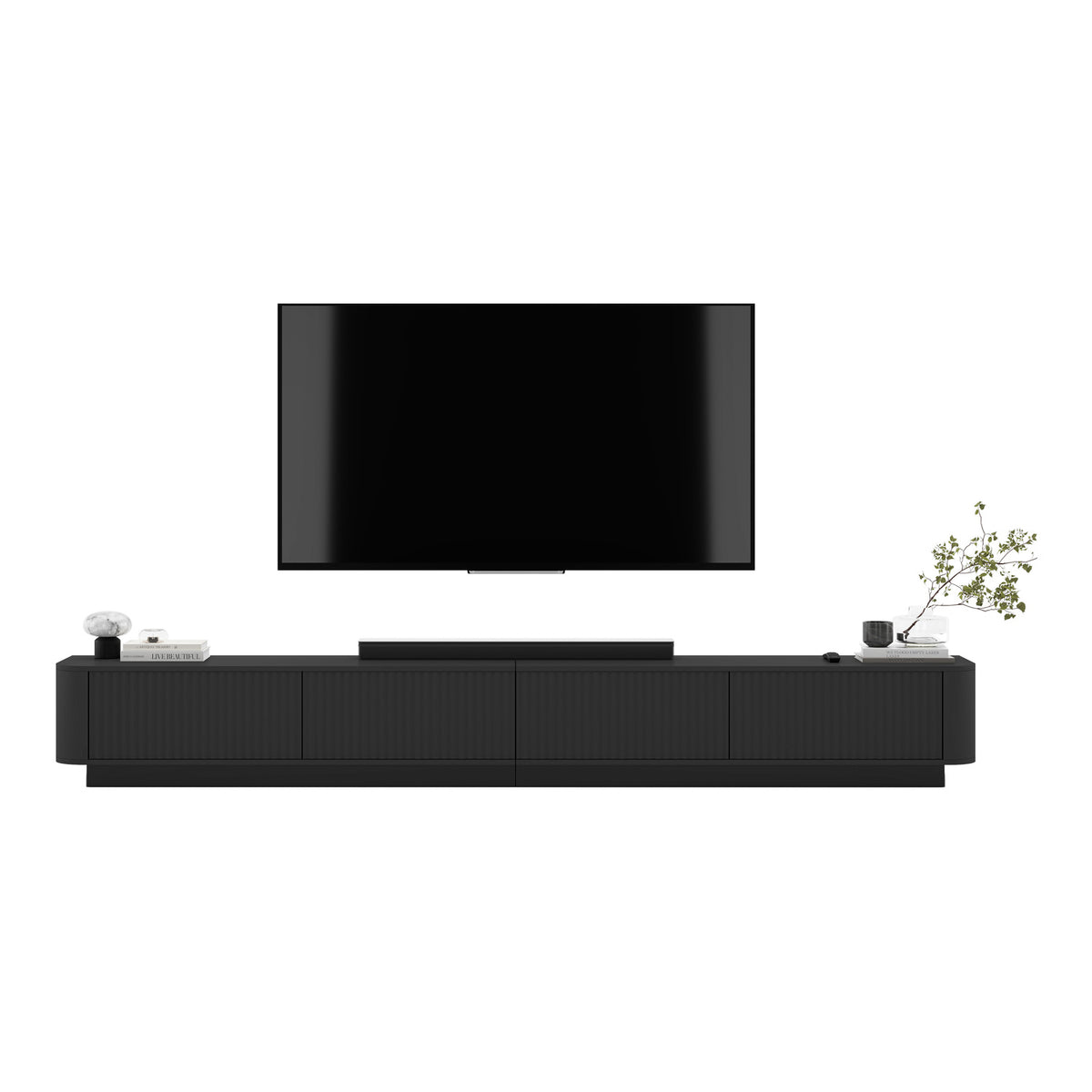 Aurora Rouded Corners Flutted TV Unit 280cm Glamour Style with Plinth Stand - Black