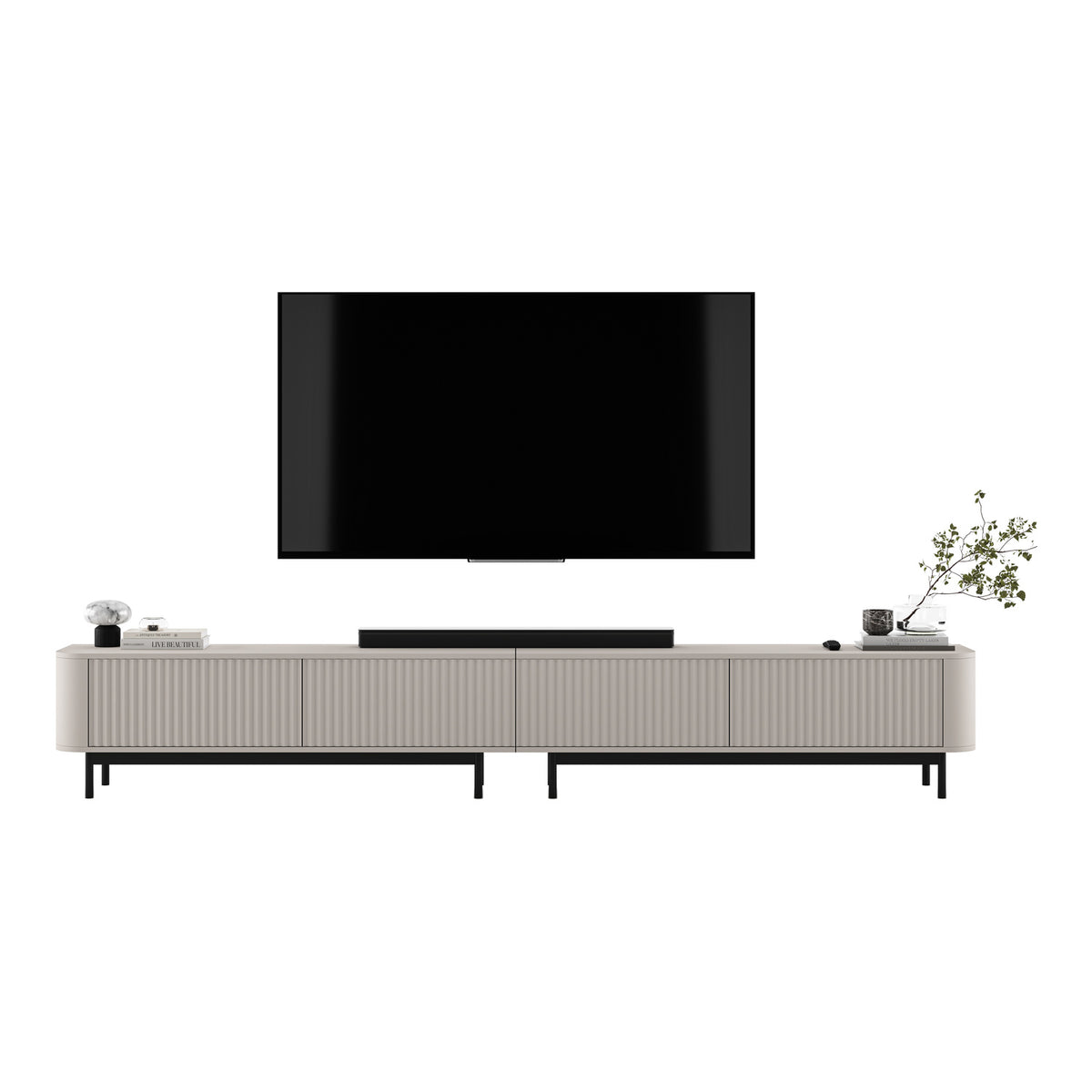 Aurora Rouded Corners Flutted TV Unit 280cm Glamour Style with Frame Legs - Cashmere / Black Frame
