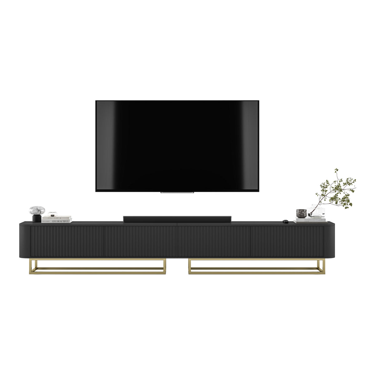 Aurora Rouded Corners Flutted TV Unit 280cm Glamour Style with Frame Stand - Black / Gold Frame