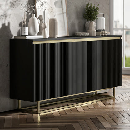 Selene Modern Ribbed-Texture Chest of Drawers with 3 Doors - Black / Gold Frame