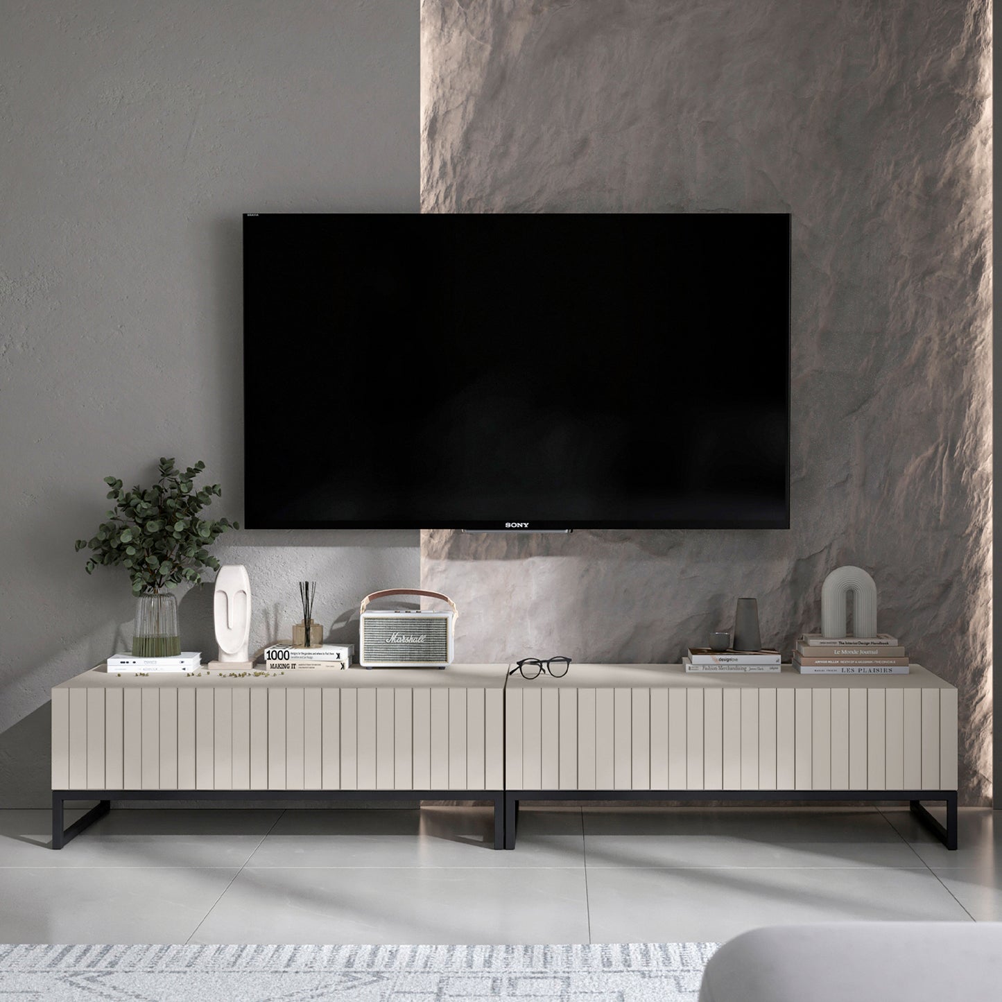 Elpis Glamour Standing TV Cabinet Media Unit with Storage 220cm - Cashmere / Black Frame