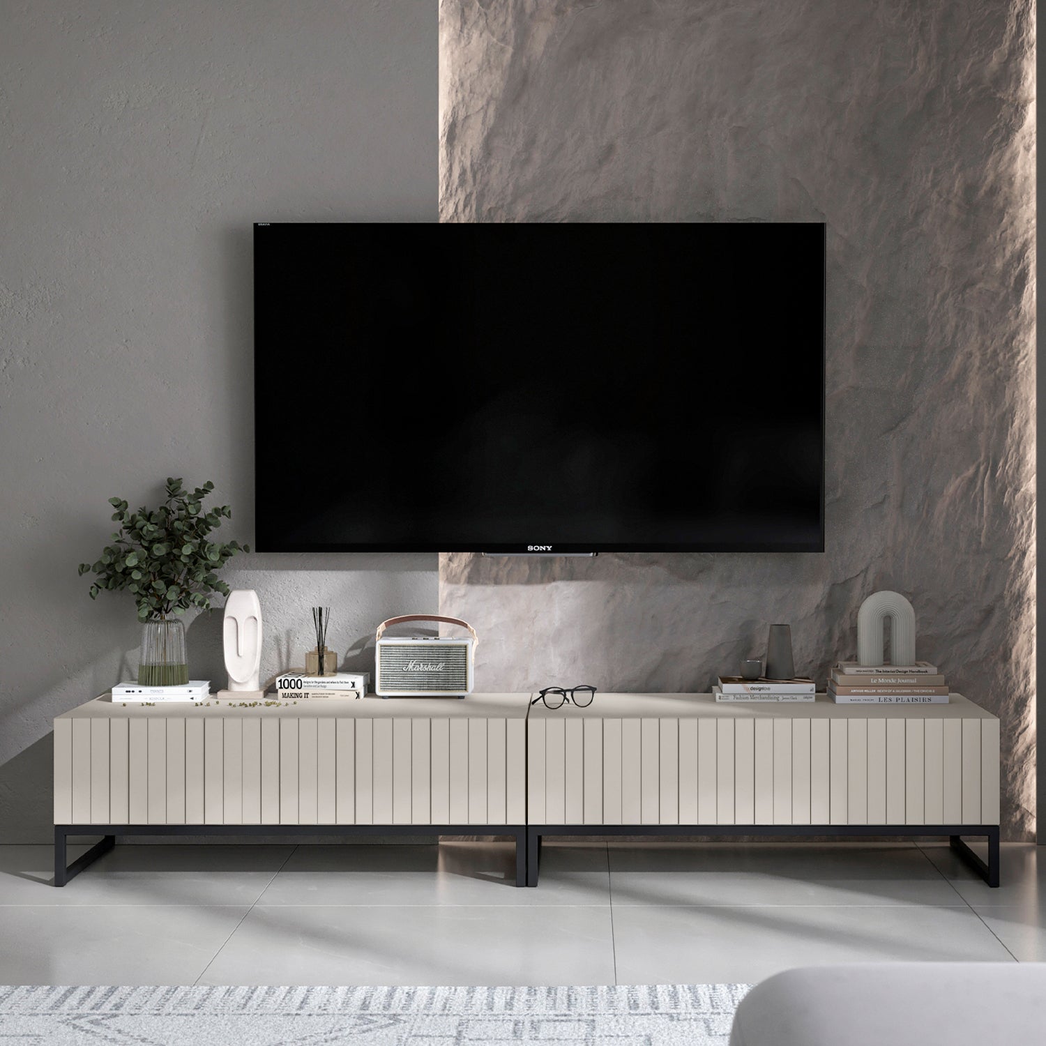 Elpis Glamour Standing TV Cabinet Media Unit with Storage 220cm - Cashmere / Black Frame