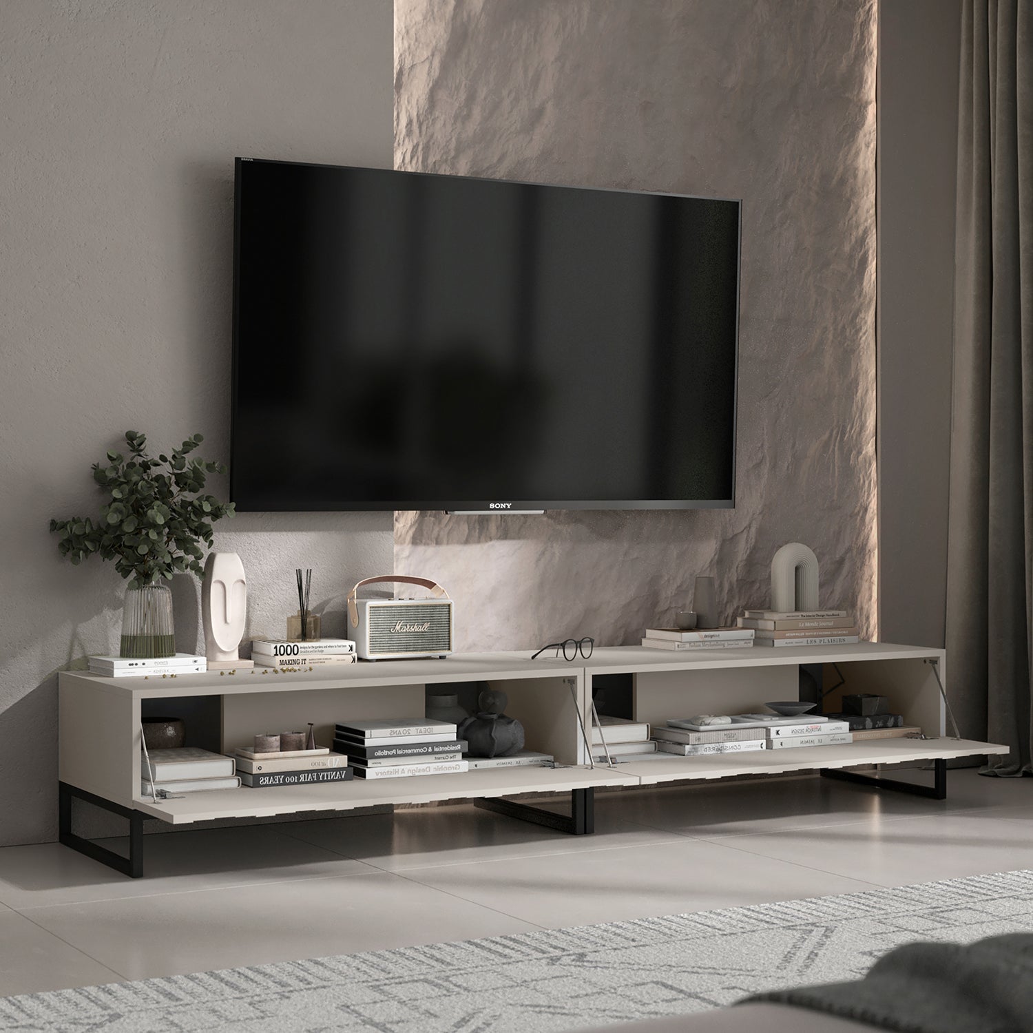 Elpis Glamour Standing TV Cabinet Media Unit with Storage 220cm - Cashmere / Black Frame
