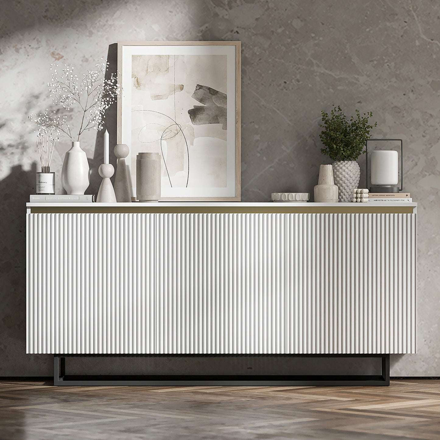 Selene Modern Ribbed-Texture Chest of Drawers with 3 Doors - White / Black Frame