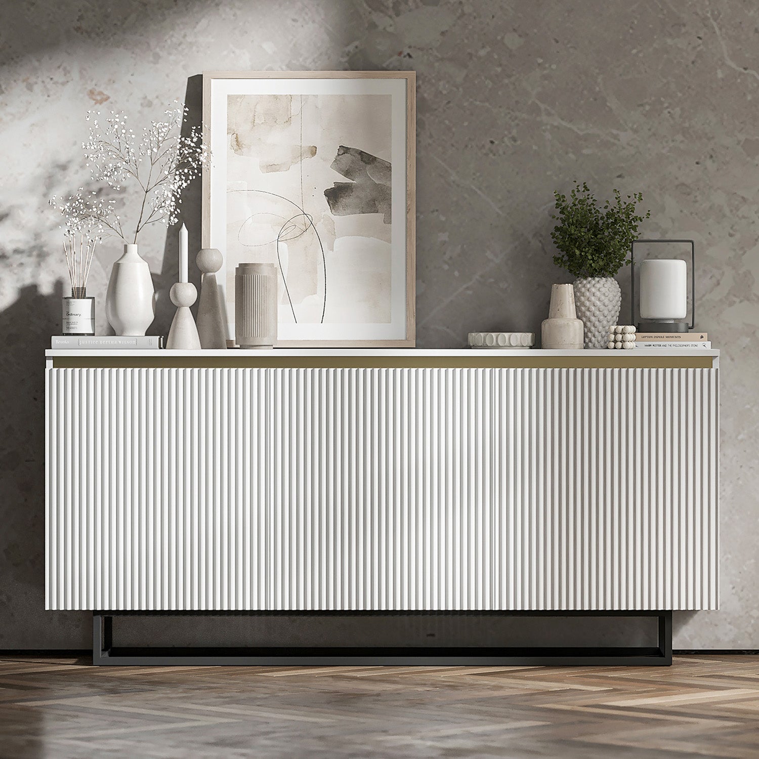 Selene Modern Ribbed-Texture Chest of Drawers with 3 Doors - White / Black Frame