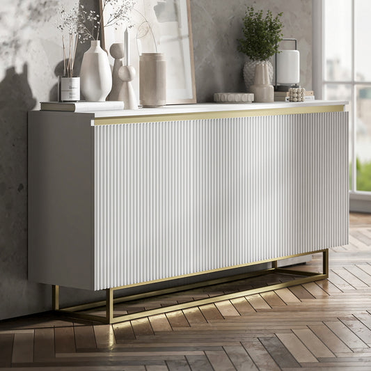 Selene Modern Ribbed-Texture Chest of Drawers with 3 Doors - White / Gold Frame