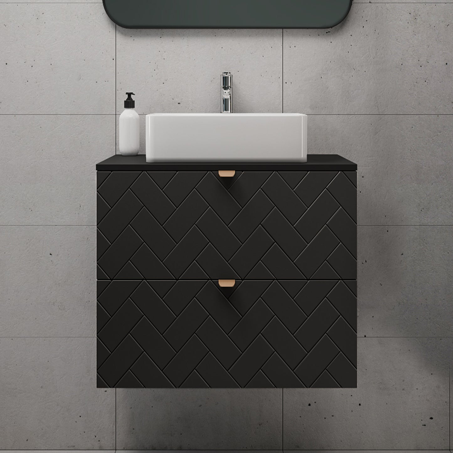 Trend Herringbone Pattern Door 60cm Bathroom Cabinet Vanity Unit with Worktop - Black