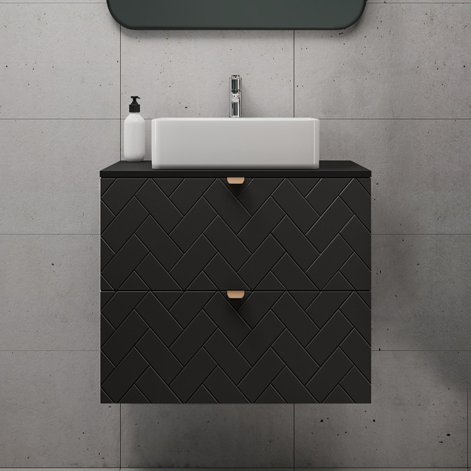 Trend Herringbone Pattern Door 60cm Bathroom Cabinet Vanity Unit with Worktop - Black
