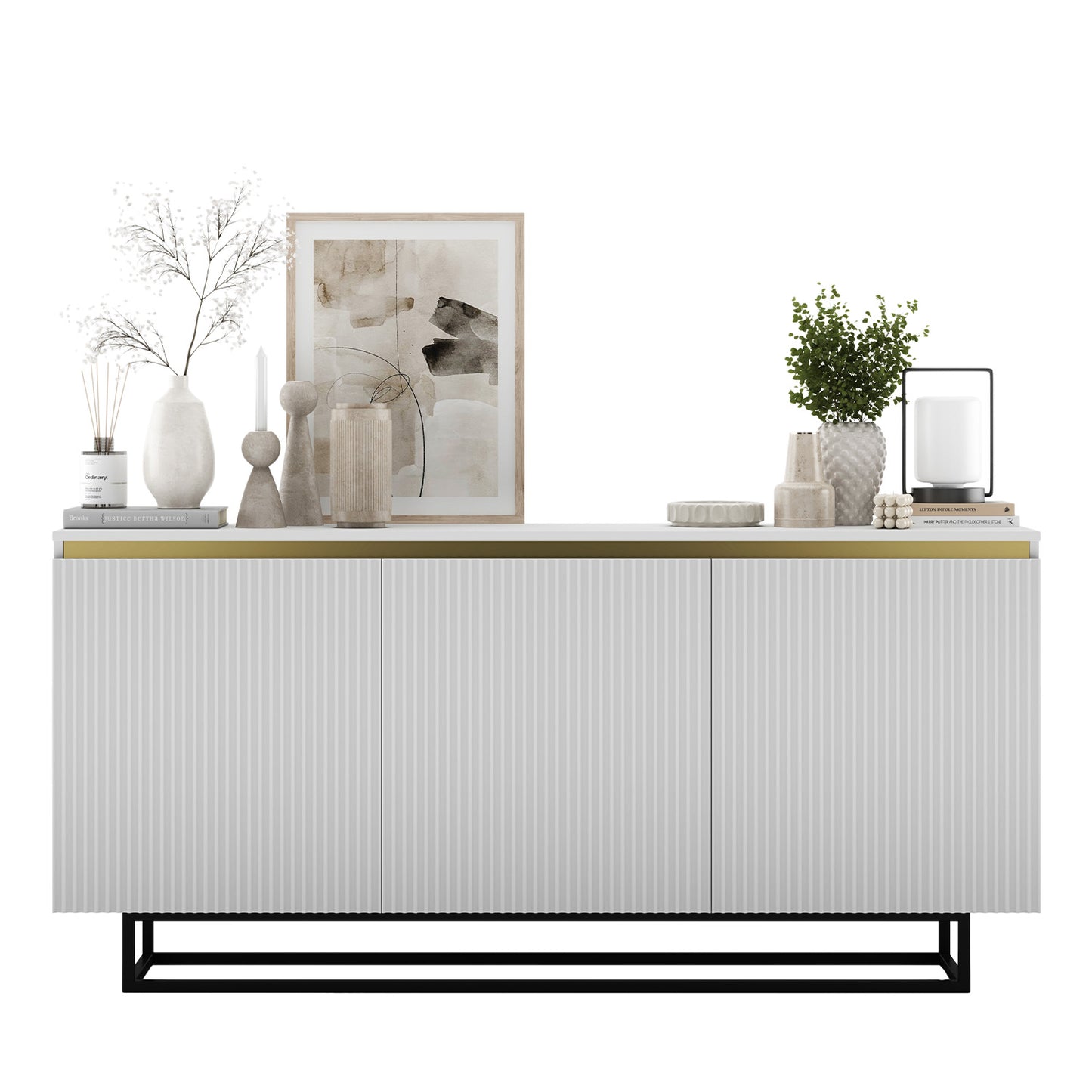 Selene Modern Ribbed-Texture Chest of Drawers with 3 Doors - White / Black Frame