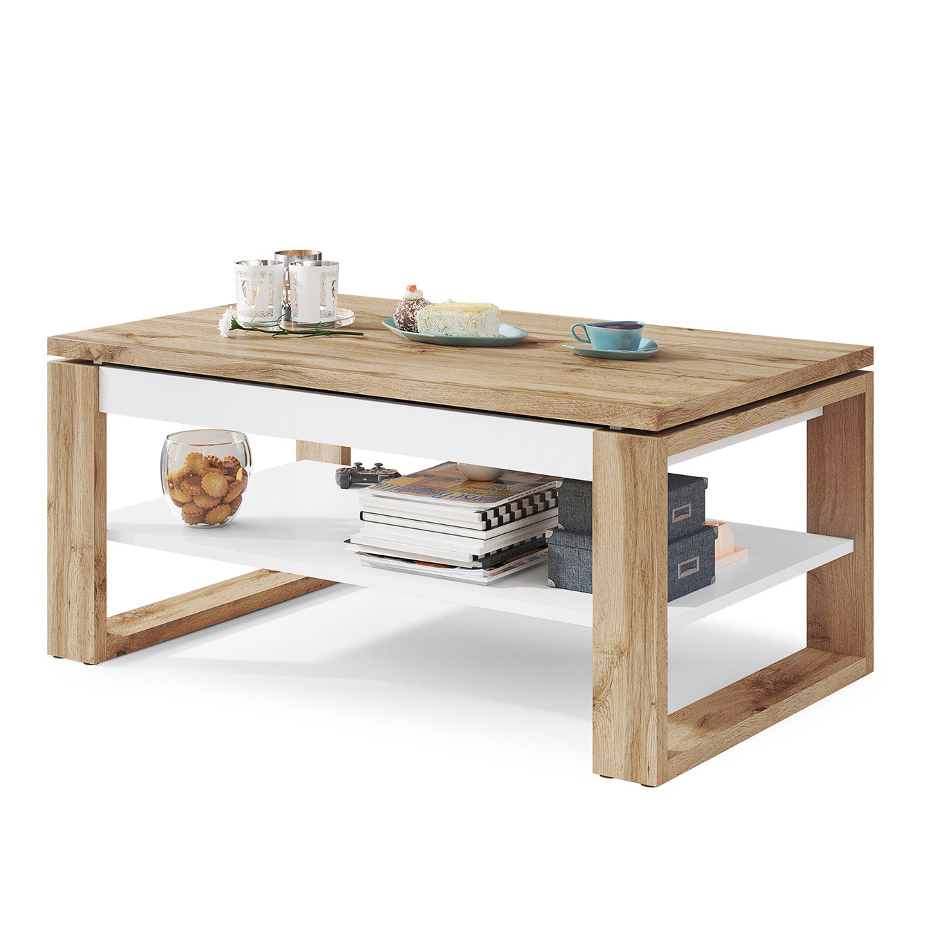 NUO Lift Top Coffee Table Contemporary Style - Wotan Oak / White Matt