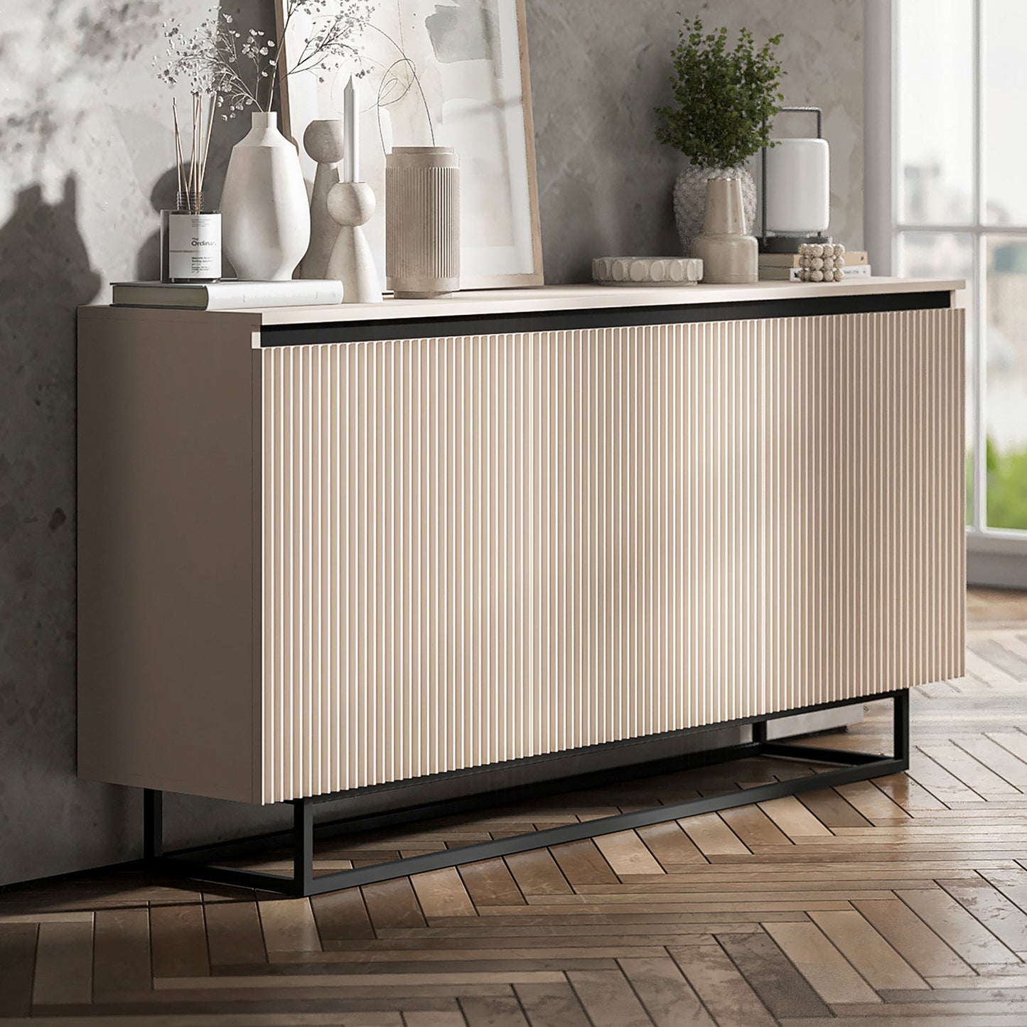 Selene Modern Ribbed-Texture Chest of Drawers with 3 Doors - Cashmere / Black Frame