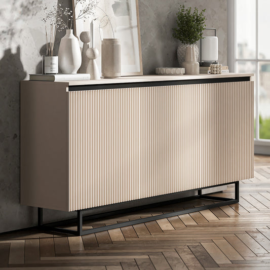 Selene Modern Ribbed-Texture Chest of Drawers with 3 Doors - Cashmere / Black Frame