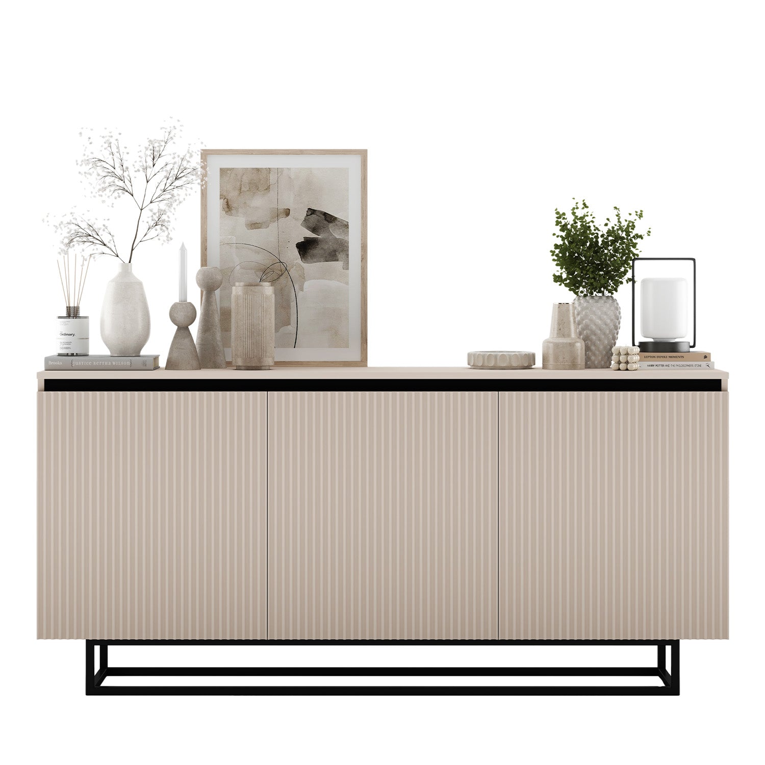 Selene Modern Ribbed-Texture Chest of Drawers with 3 Doors - Cashmere / Black Frame