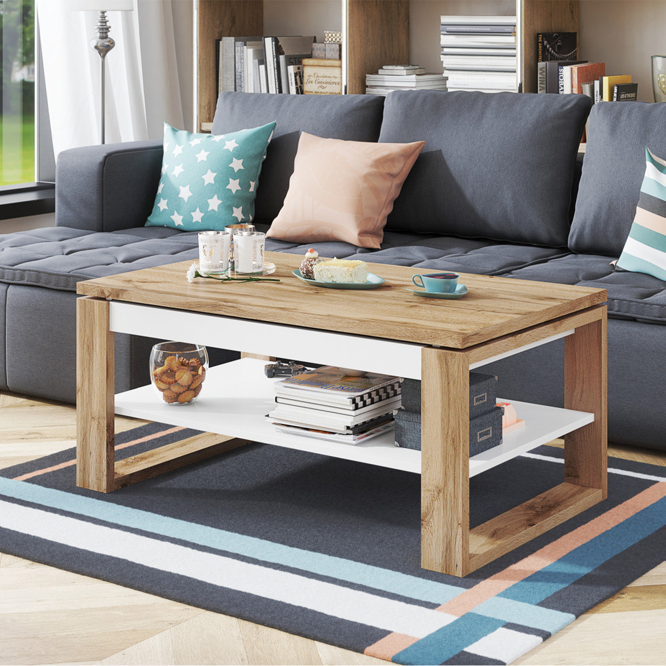 NUO Lift Top Coffee Table Contemporary Style - Wotan Oak / White Matt