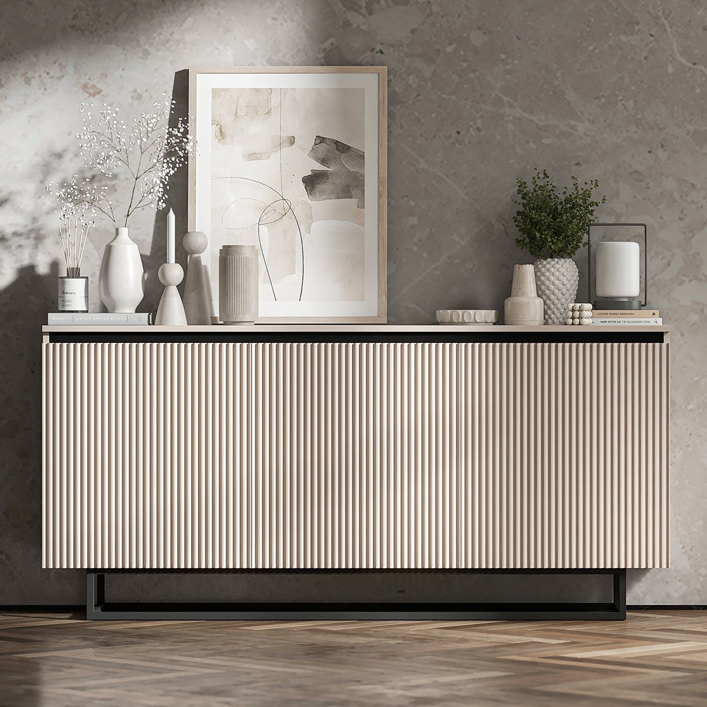 Selene Modern Ribbed-Texture Chest of Drawers with 3 Doors - Cashmere / Black Frame