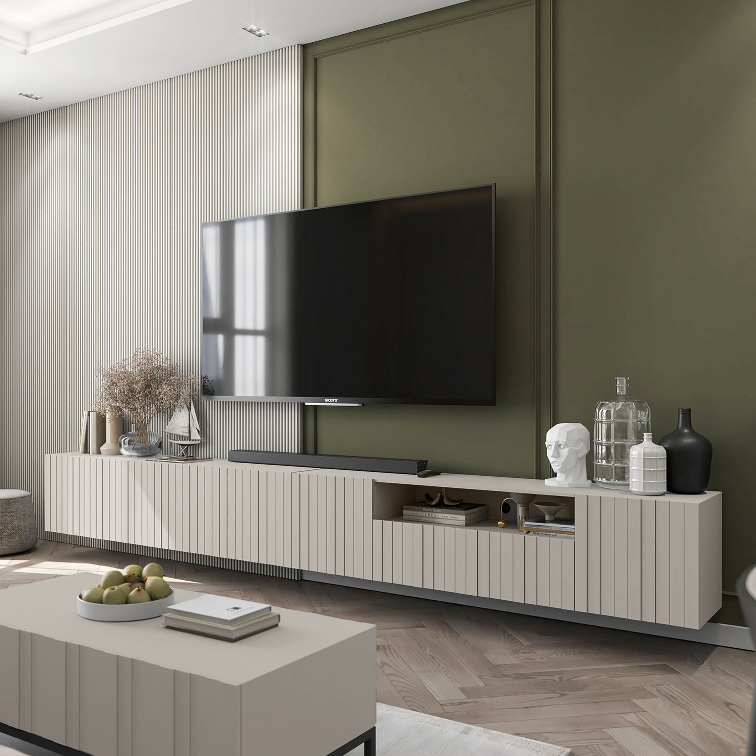 Elpis Glamour Wall-Mounted TV Cabinet with Storage Extra Long 4DK 300cm - Cashmere