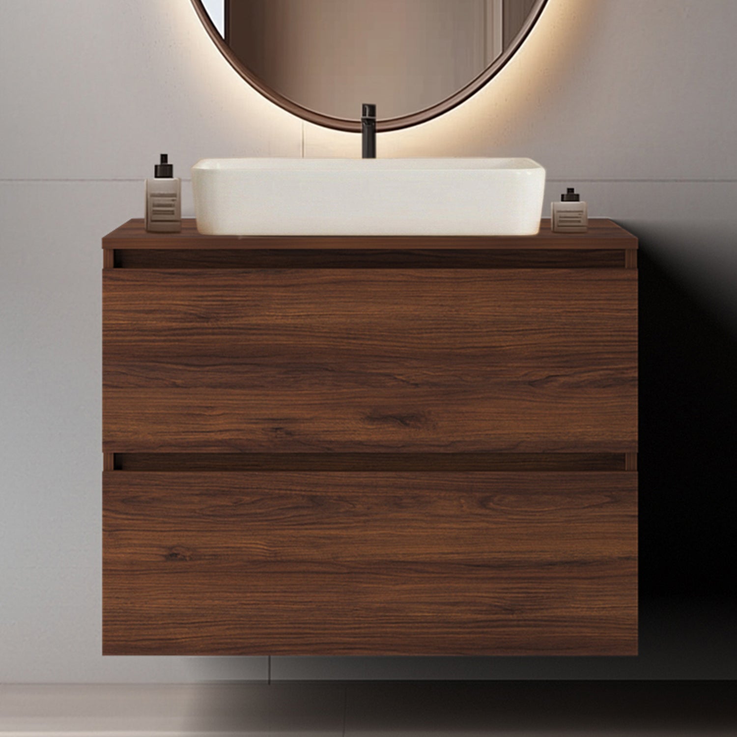 Simple Minimalist Bathroom Vanity Cabinet 80cm with Worktop Basin - Walnut