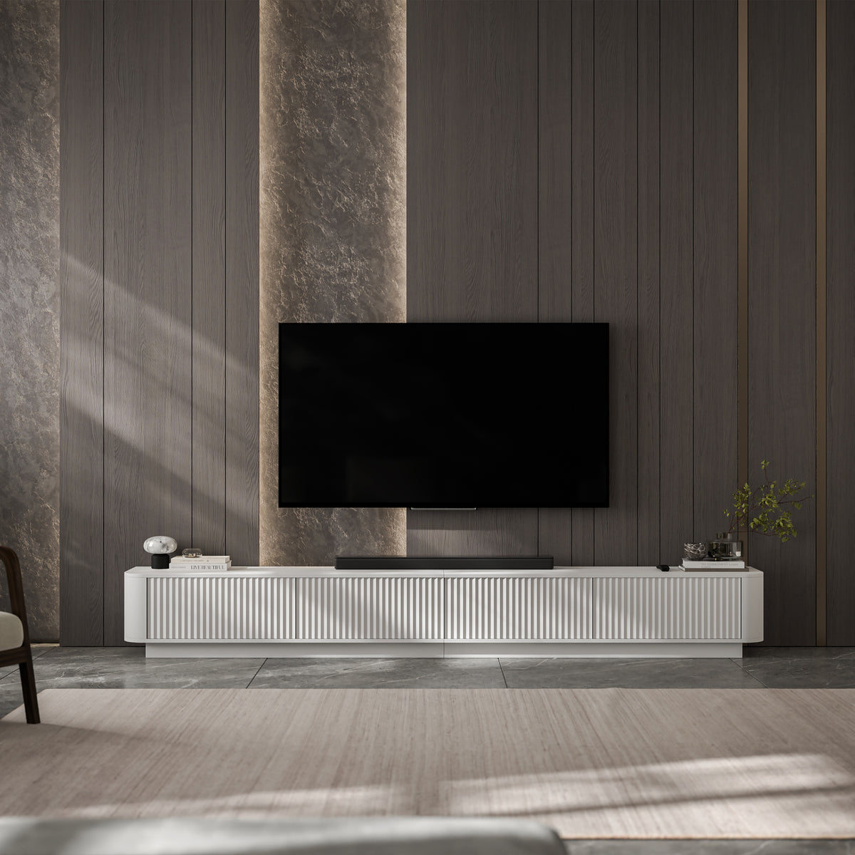 Aurora Rouded Corners Flutted TV Unit 280cm Glamour Style with Plinth Stand - White