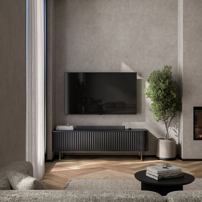 Aurora Rounded Corner Fluted TV Unit 140cm Glamour Style with Frame Stand - Black / Gold