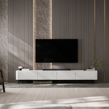 Aurora Rouded Corners Flutted TV Unit 280cm Glamour Style with Frame Legs - White / Black Frame