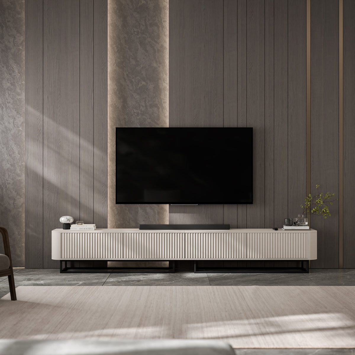 Aurora Rouded Corners Flutted TV Unit 280cm Glamour Style with Frame Stand - Cashmere / Black Frame