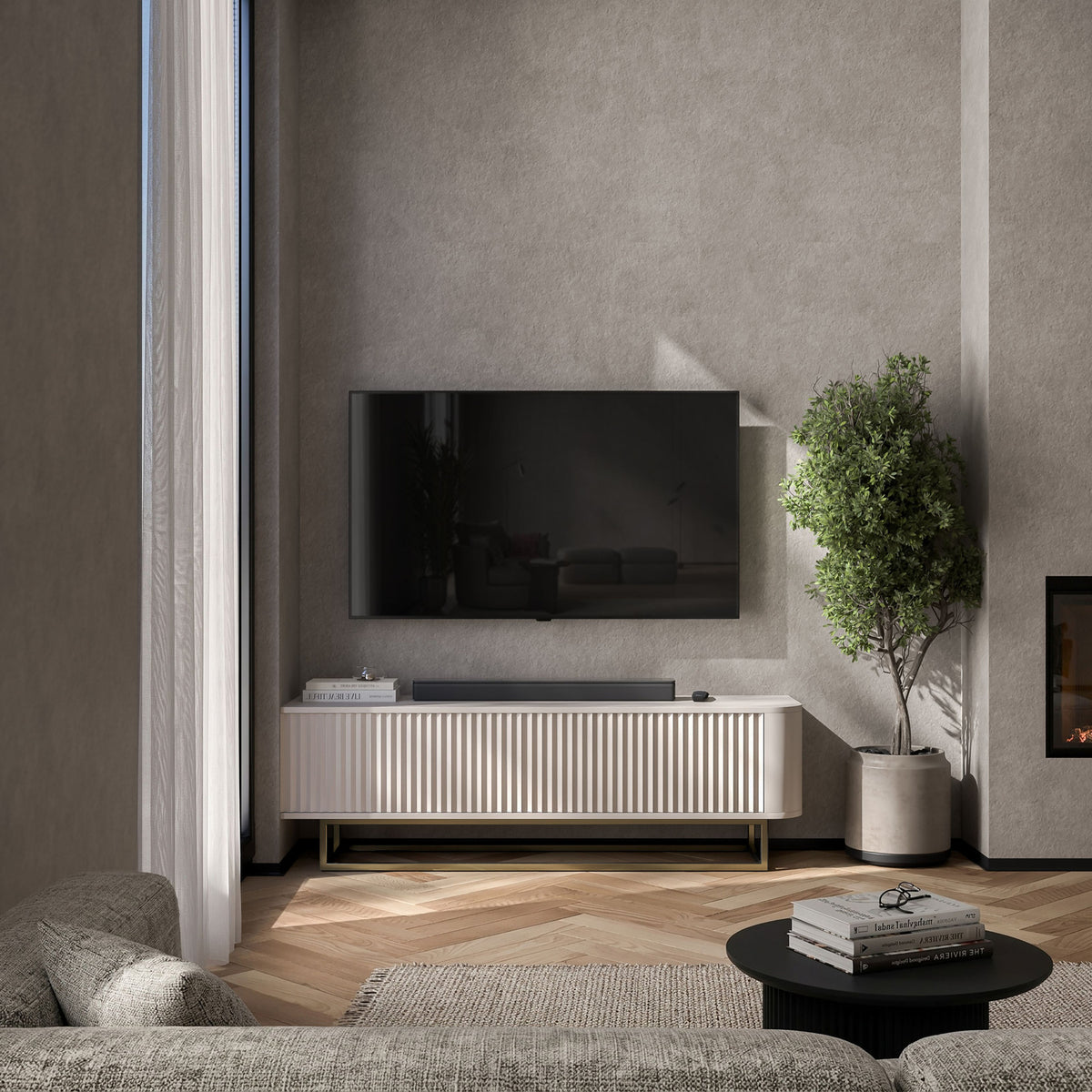 Aurora Rounded Corner Fluted TV Unit 140cm Glamour Style with Frame Stand - Cashmere / Gold