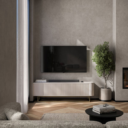 Aurora Rounded Corner Fluted TV Unit 140cm Glamour Style with Frame Stand - Cashmere / Gold