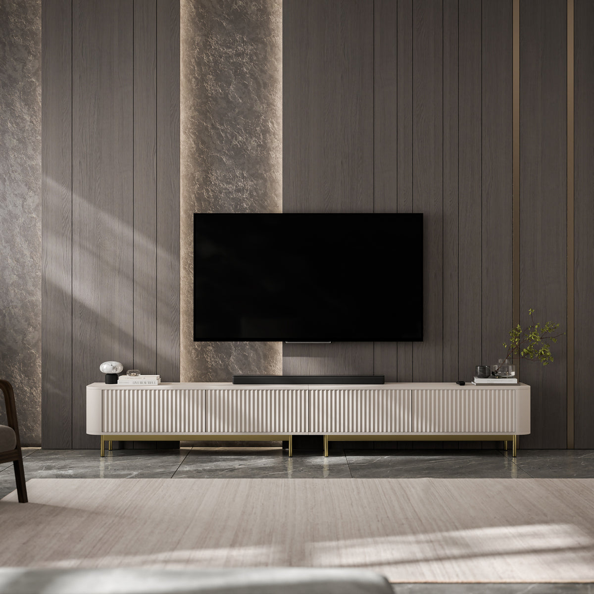 Aurora Rouded Corners Flutted TV Unit 280cm Glamour Style with Frame Legs - Cashmere / Gold Frame