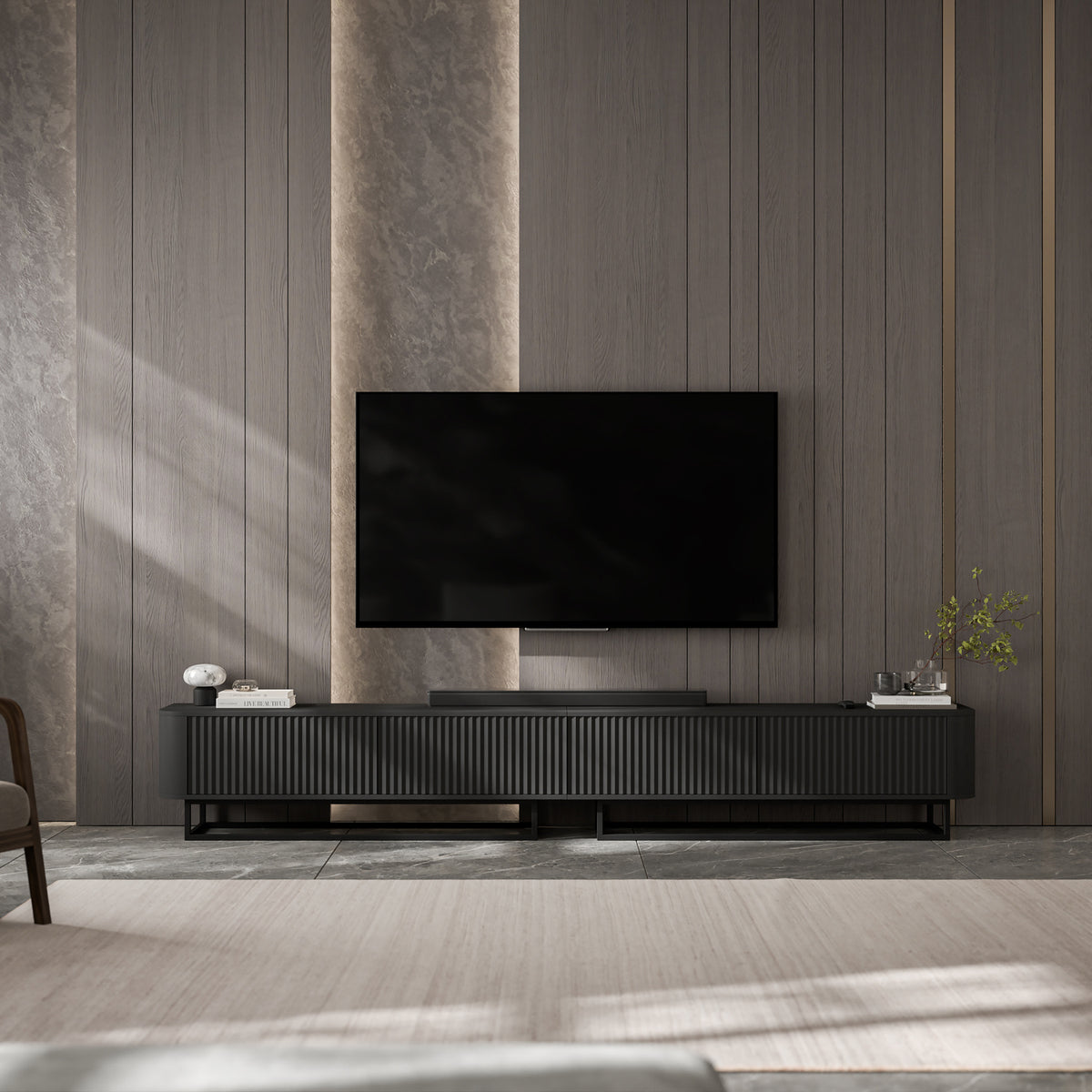 Aurora Rouded Corners Flutted TV Unit 280cm Glamour Style with Frame Stand - Black / Black Frame