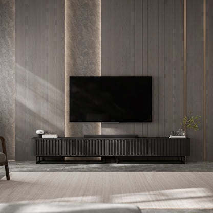Aurora Rouded Corners Flutted TV Unit 280cm Glamour Style with Frame Stand - Black / Black Frame