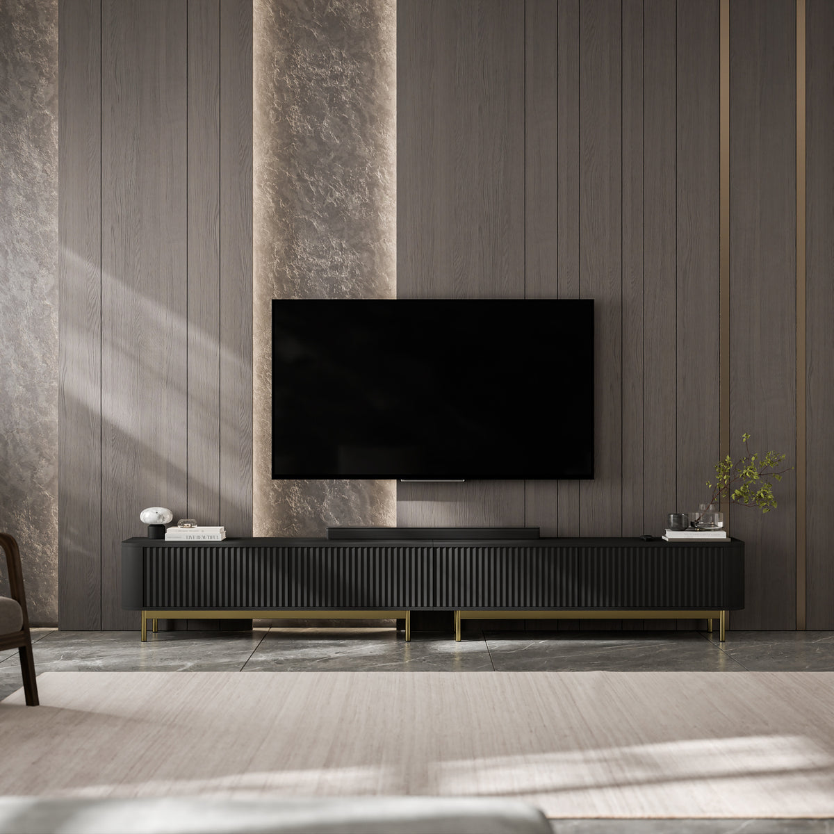 Aurora Rouded Corners Flutted TV Unit 280cm Glamour Style with Frame Legs - Black / Gold Frame