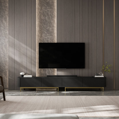 Aurora Rouded Corners Flutted TV Unit 280cm Glamour Style with Frame Legs - Black / Gold Frame