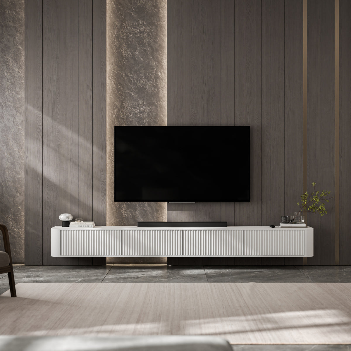Aurora Rouded Corners Wall Mounted Flutted TV Unit 280cm Glamour Style - White