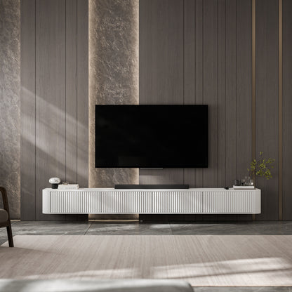 Aurora Rouded Corners Wall Mounted Flutted TV Unit 280cm Glamour Style - White