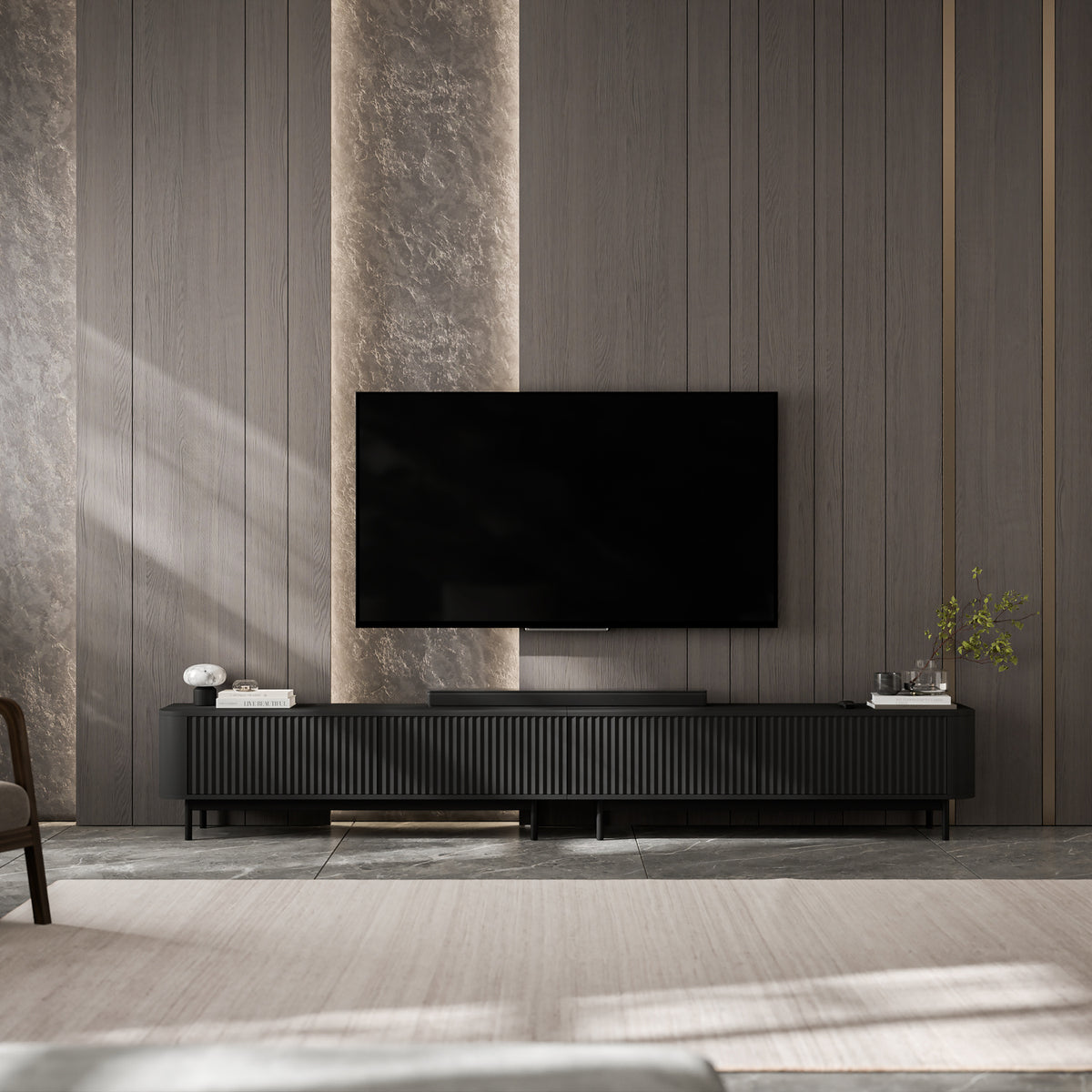 Aurora Rouded Corners Flutted TV Unit Glamour Style with Frame Legs - Black / Black Frame