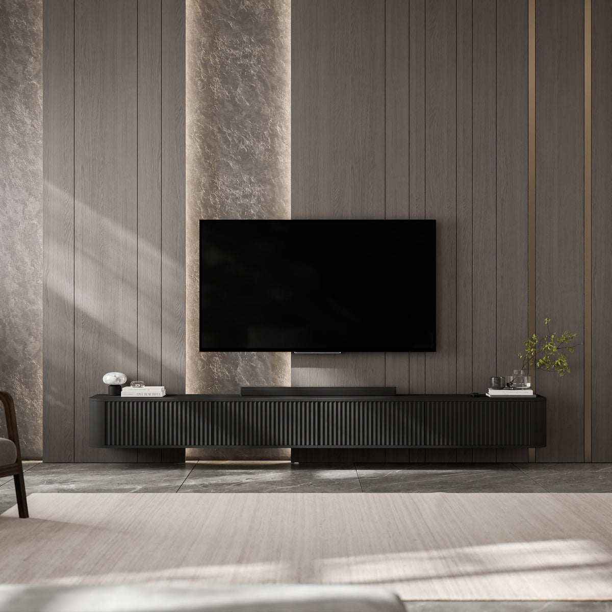 Aurora Rouded Corners Wall Mounted Flutted TV Unit 280cm Glamour Style - Black