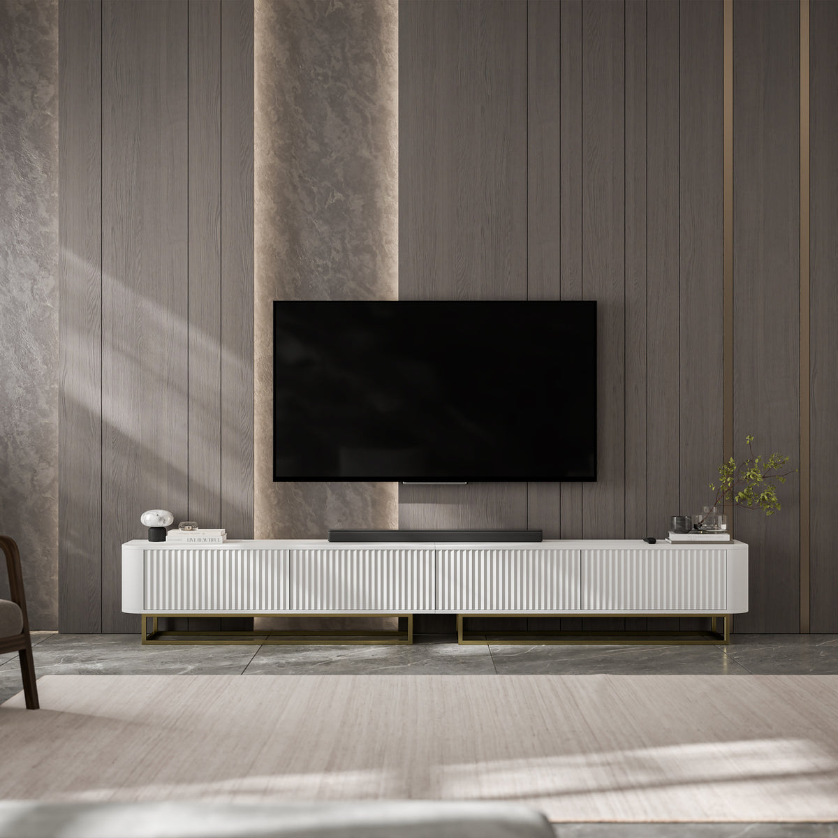 Aurora Rouded Corners Flutted TV Unit 280cm Glamour Style with Frame Stand - White / Gold Frame