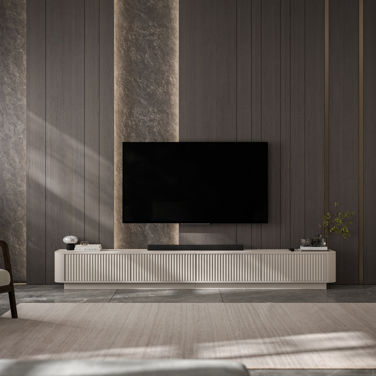 Aurora Rouded Corners Flutted TV Unit 280cm Glamour Style with Plinth Stand - Cashmere