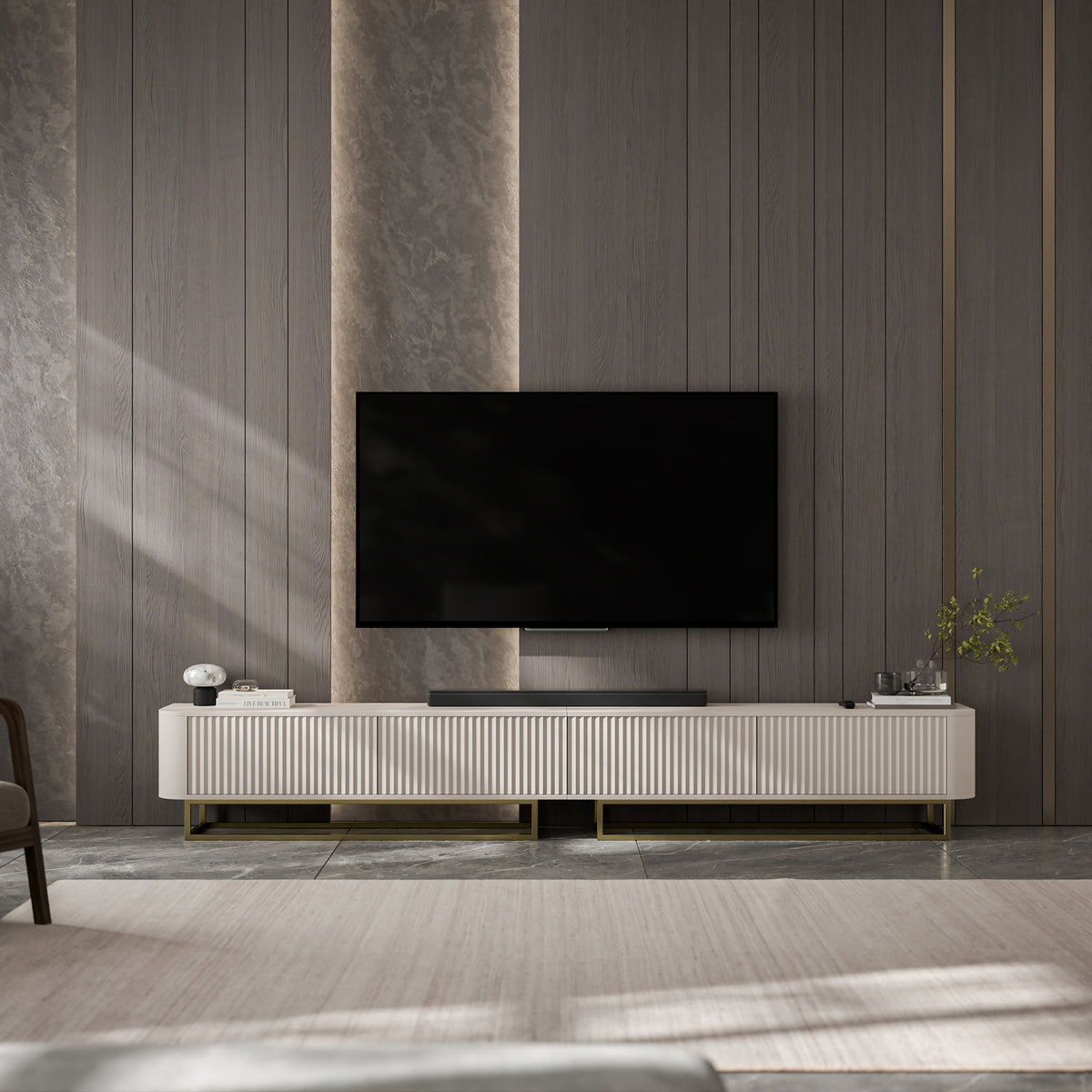 Aurora Rouded Corners Flutted TV Unit 280cm Glamour Style with Frame Stand - Cashmere / Gold Frame