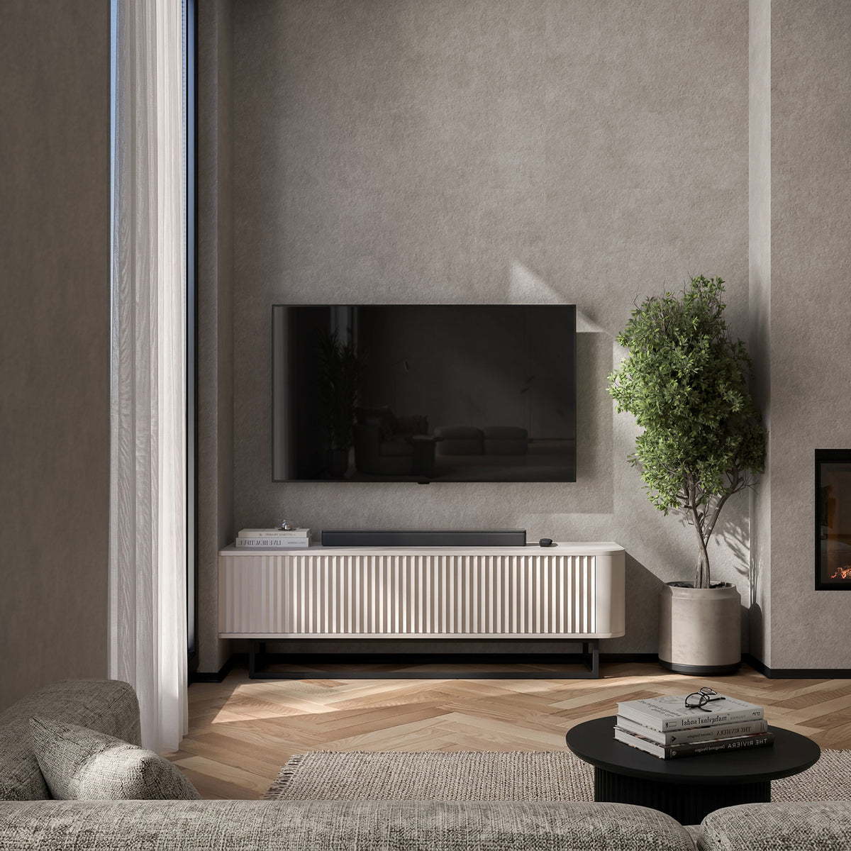 Aurora Rounded Corner Fluted TV Unit 140cm Glamour Style with Frame Stand - Cashmere / Black