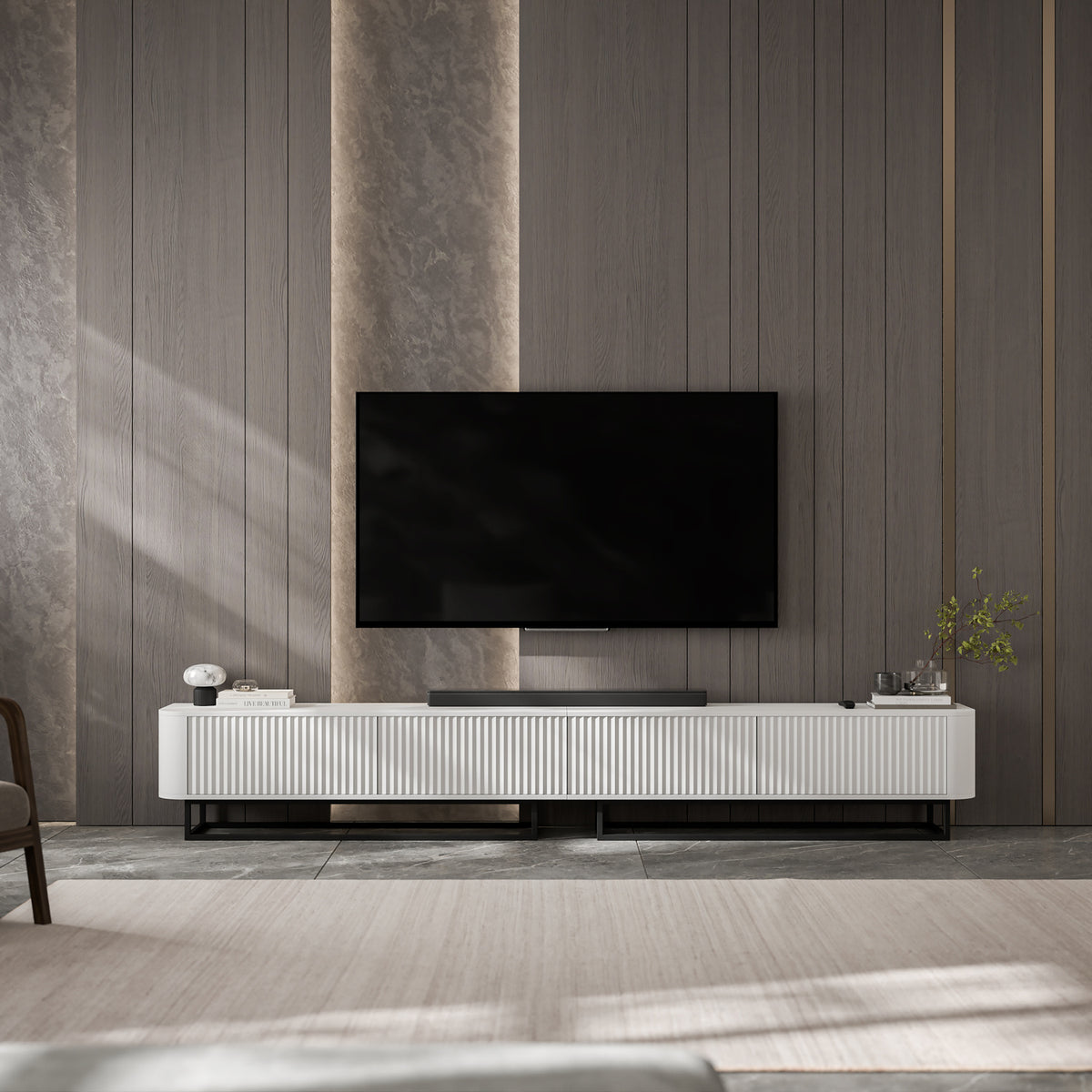 Aurora Rouded Corners Flutted TV Unit 280cm Glamour Style with Frame Stand - White / Black Frame